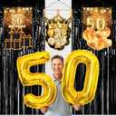 Vicycaty 50th Birthday Decoration for Men Women, Fabric 50th Birthday Backdrop Banner, Large Number 50 Foil Balloons, Foil Fringe Curtains, 50 Birthday Photo Props Yard Sign Decor(Black Gold)