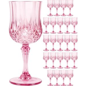 Plastic Wine Glasses Set, 7oz Vintage Goblets Shatterproof Unbreakable Reusable & Disposable, Drinking Glasses with Stem, for Wedding Outdoor Dinner Easter Party (24pcs, Pink)