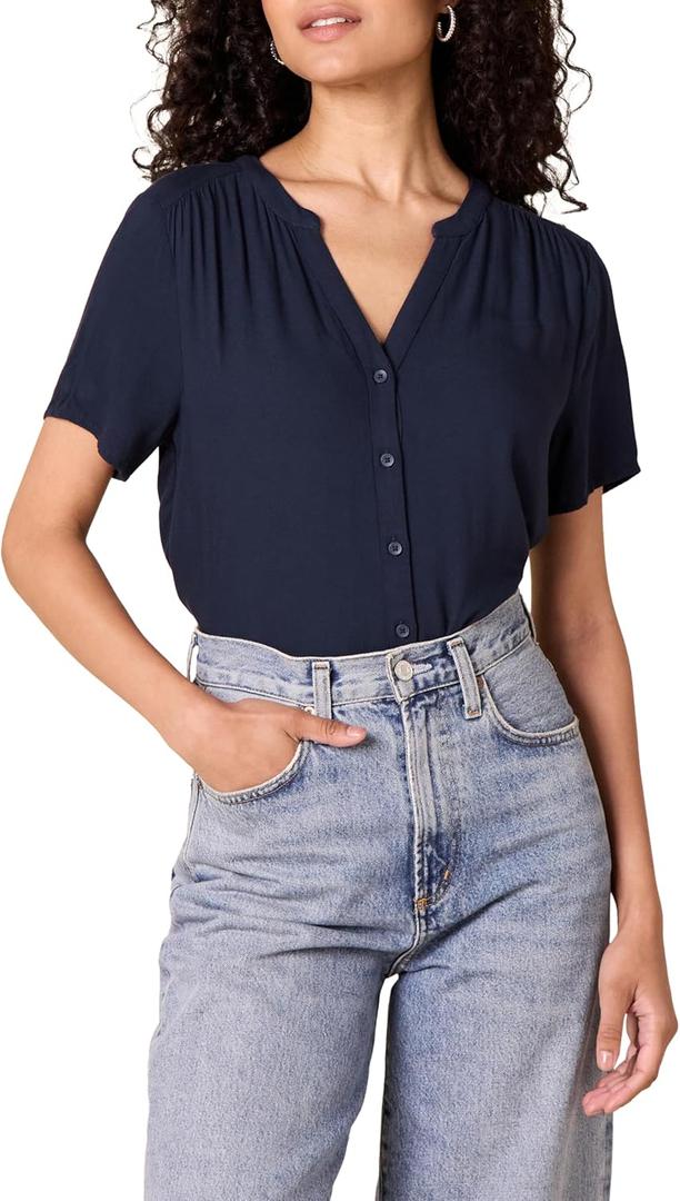 AWomen's Relaxed-Fit Short-Sleeve Woven Blouse (XX-Large, Navy)