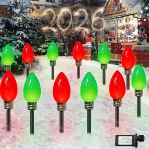 IDEAALS 12 Pack Jumbo Red and Green Plug in C9 Christmas Lights OutdoorLED Pathway Lights Waterproof, Strawberry Light Christmas Decorations Outdoor for Walkway Party Patio Garden Lawn Yard Decor