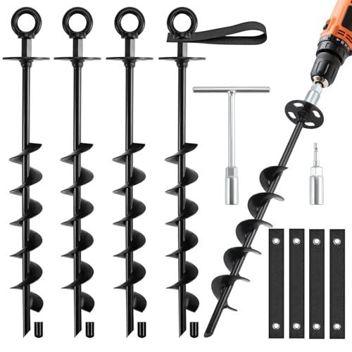 Ciyivak Ground Anchors Screw in - Heavy Duty Trampoline Anchors/Stakes for High Wind, 4 Pack Earth Anchor Kit with Straps and Wrenches for Swing Set, Trampolines, Shed, Mobile Home, Carport, Gazebo