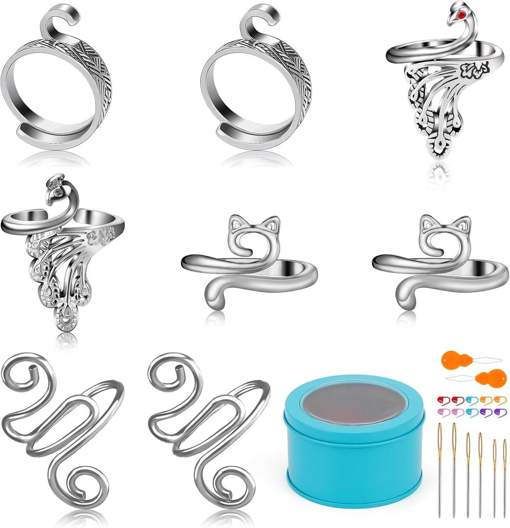 8 Pcs Crochet Ring, Adjustable Crochet Ring for Finger, Tension Rings Cat Yarn Guide Yarn Knitting Thimble, Faster Knitting Crocheting Accessories for Mother Grandma