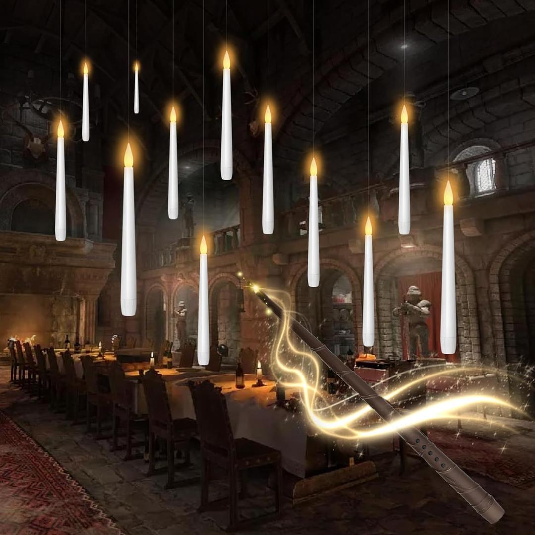 Flameless Floating Candles with Wand12 Pcs Magic LED Hanging Taper CandlesFlickering Battery Operated Taper Candle with Wand Remote for Halloween Decorations Best GiftWhite
