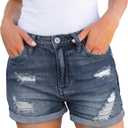 luvamia Women's Ripped High Waisted Denim Shorts Stretchy Cuffed Hem Jean Shorts (Blue, S)
