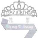 Birthday Tiara and Crown with Sash, Birthday Tiara for Women Party Silver