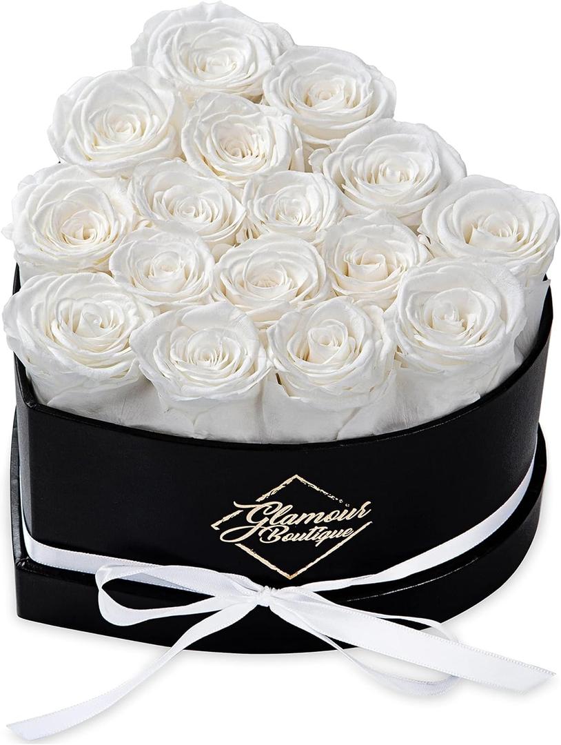GLAMOUR BOUTIQUE 16 Flower Forever Heart Shape Box, Mothers Day Gift For Mom, Eternal Preserved Roses Gift for Her, Flowers bouquet, For Birthday, Anniversary, Girlfriend - White