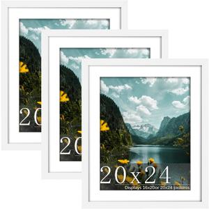 Picrit 20x24 Picture Frame 3 Pack, White Poster Frame, Display Poster 16 x 20 with Mat or 20 x 24 without Mat for Horizontal or Vertical Wall Mounting