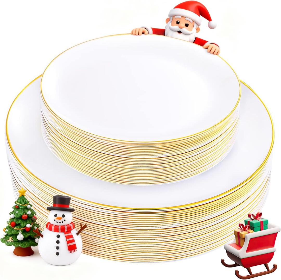 KIRE 60PCS Gold Plastic Plates - Thanksgiving Heavy Duty White Disposable Plates with Gold Rim for Party/Wedding- Include 30Pieces 10.25inch Dinner Plate and 30Pcs 7.5inch Dessert Plate