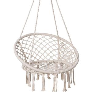 SUNCREAT Hammock Chair Macrame Swing with Side Pocket, Hanging Cotton Rope Hammock Swing Chair for Indoor and Outdoor Use, 330 lbs Capacity, Beige