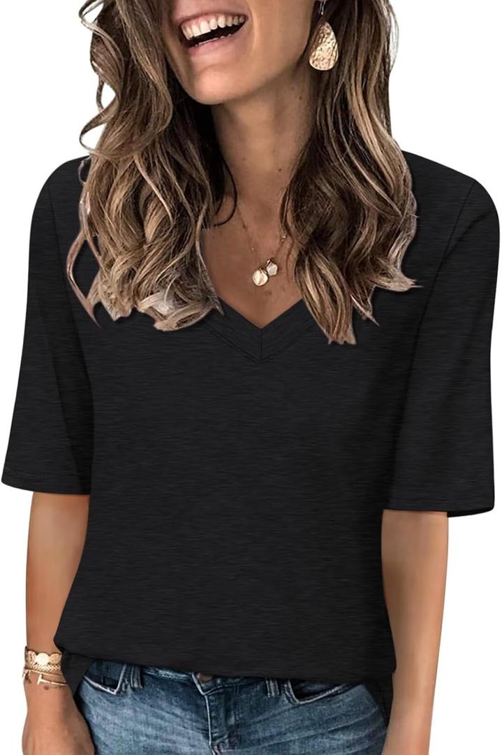 Minetom Women's V Neck T Shirts Casual Half Sleeve Tops Basic Summer Tees (Black, S)