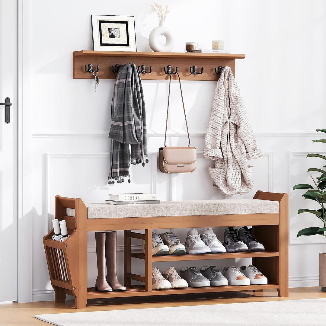 PETKABOO 39.4" Shoe Bench with Coat Rack Hidden Drawer and Side Holder, 2 Tier Entryway Bench with Storage, Bamboo Shoe Rack with Cushion for Entryway Hallway Living Room Bedroom, 39.4 in with Hook