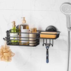 LEVERLOC Shower Caddy Suction Cup, 2 Pack suction shower shelf with Hooks & Soap holder, NODrilling Bathroom Holder, Rustproof bathroom organizer, Black