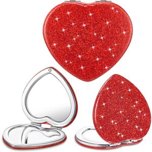 4 Pcs Heart Compact Folding Mirror Mini Vanity Mirror Double Sided Cute Glitter Cosmetic Graduation Gift Heart Shaped Portable Travel Magnifying Makeup Supplies for Women Mom Home(Red)