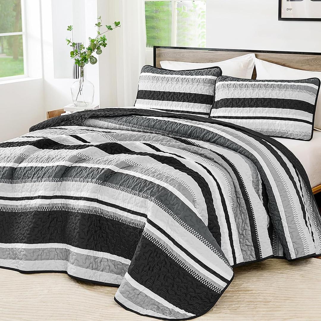 WONGS BEDDING Queen Quilt Bedding Set, 3 Pieces Black Striped Bedspread Coverlet Set, Lightweight Summer Quilts Queen Size for Bed 96"x90"