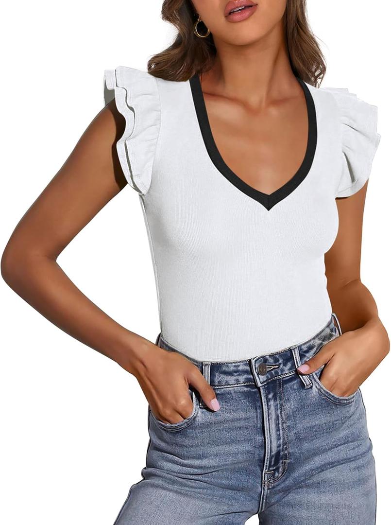 PRETTYGARDEN Womens V Neck Summer Tops Ruffle Sleeveless Slim Fit T Shirts Going Out Casual Blouses 2025 (Beige White, Medium)
