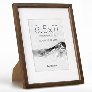 Fun Memories 8.5 by 11 Picture Frame, Natural Solid Walnut Wood Photo Frame with HD Tempered Glass, Modern Simple 8.5 x 11 Wooden Frame Matted to 6x8, Wall or Tabletop Display
