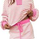 Fisoew Womens Striped 2 Piece Outfits Casual Sweatshirt Skirt Set Long Sleeve Skort Workout Set Matching Lounge Sets (Large, Pink)