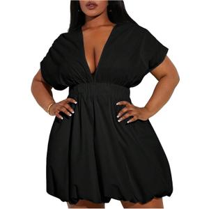 DIRARA Women's Plus Size Deep V Neck Bubble Dress Short Sleeve A Line Mini Dresses Black 4X-Large Plus DIRARA Women's Plus Size Deep V Neck Bubble Dress Short Sleeve A Line Mini Dresses Black 4X-Large Plus