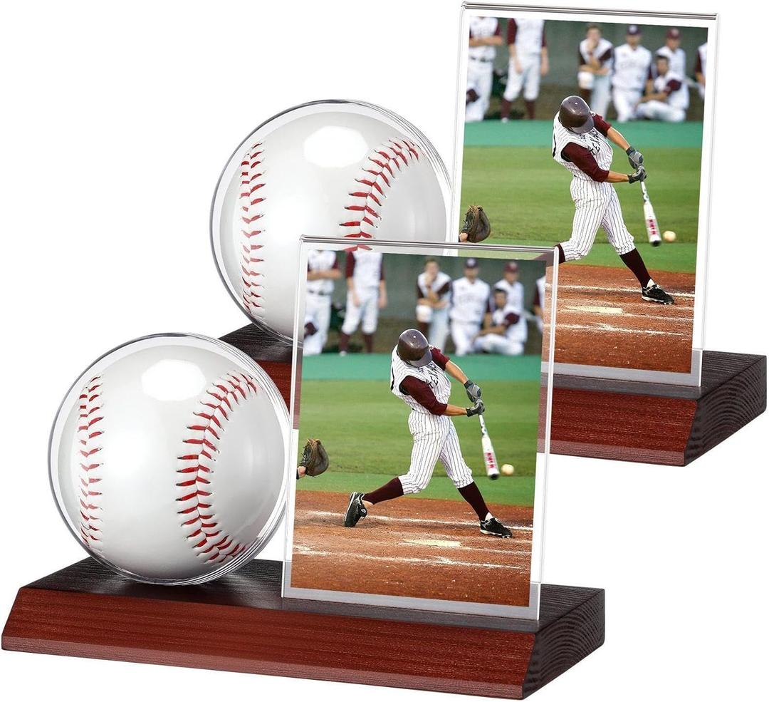 2 Sets Wood Baseball Display Case and Card Holder Baseball Holder Display Case for Ball and Card with Wood Base Showcase for Memorabilia Showcase