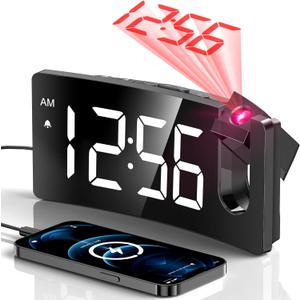 Projection Alarm Clock, Digital Clock with 180 Rotatable Projector, 3-Level Brightness Dimmer, Clear LED Display, USB Charger, Progressive Volume, 9mins Snooze,12/24H, Digital Alarm Clock for Bedroom