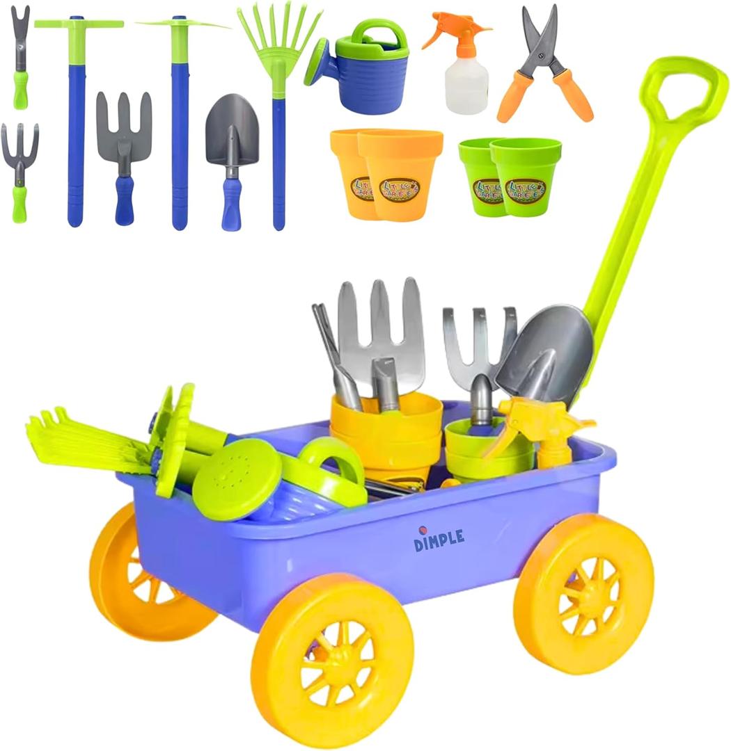 Dimple Garden Wagon & Tools Toy Set, Kids Gardening Set - 15 Pcs Outdoor Toys for Toddlers 1-3, Sand Toys - Sturdy & Durable - Top Yd, Beach, Sand, Garden Play Set for Kids & Toddler Gardening Tools (Blue)