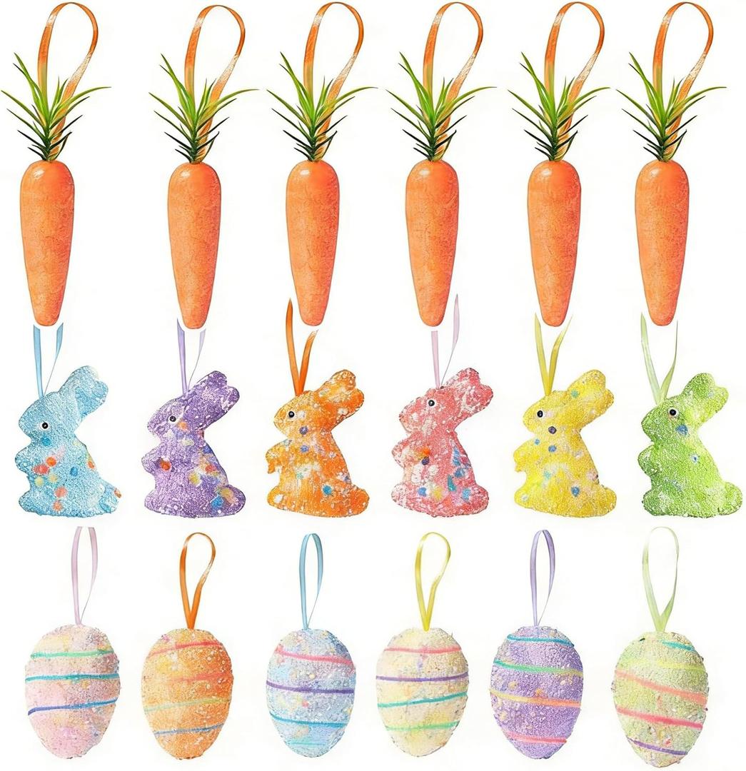 2 x 18PCS Easter Hanging Ornaments Set Colorful Foam Eggs Rabbits Glitter Carrots Decor for Easter Tree Home Party DIY Crafts