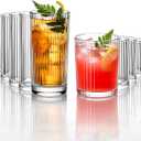 12PCS Ribbed Drinking Glasses - 6 Highball Glasses 8oz， 6 Rocks Glass Cups 11oz， Ribbed Cocktail Glasses, Ideal for Wine, Whiskey, Ice Coffee Cup, Water, Juics, Beer, Mixed Drinkware