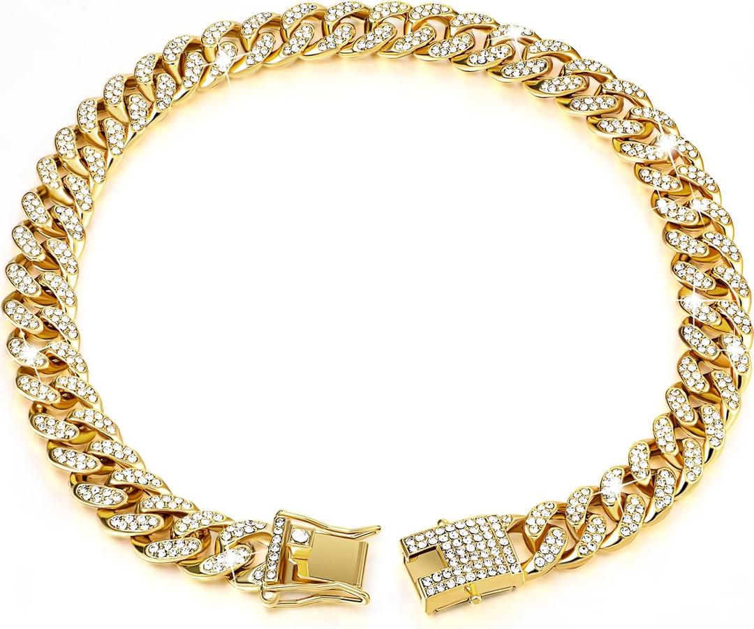 Tallew Gold Dog Chain Diamond Collar Walking Metal Chain Necklace with Secure Buckle Pet Cuban Style Collar Jewelry Accessories for Small Medium Large Dog Cats (22 inch)