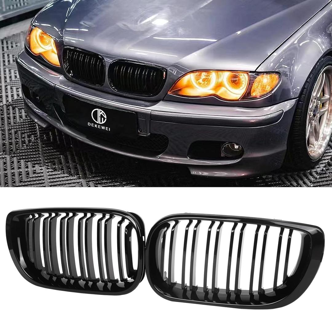 E46 Grille, Front Kidney Grill Compatible with BMW 3 Series 2002-2005 E46 4-Door 320i 325i 325xi 330i 330xi Double Slats Gloss Black Grill