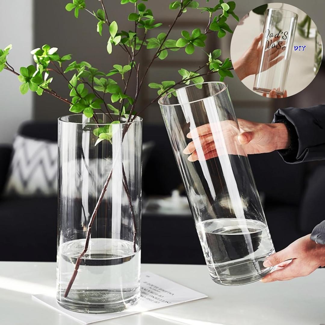 Acrylic Cylinder Plastic Vase for Centerpiece, Unbreakable Hurricane Tall Large Plastic Vases for Proposals Wedding, Hydroponic Decor Base Set of 2 with DIY Stickers(D 4" + D 4.8" X H 12" Clear)