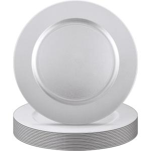 Tanlade 12 Pcs 13 Inch Charger Plates Bulk Round Wedding Chargers Plastic Dinner Plates for Table Setting Wedding Party Decoration (Silver White)