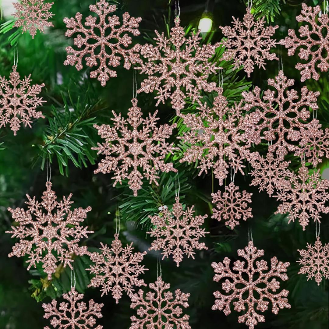 36pcs Christmas Rose Gold Snowflake Ornaments Plastic Glitter Snow Flakes Ornaments for Winter Christmas Tree Decorations Size Varies Craft Snowflakes