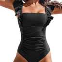 Charmo Womens Ruffle One Piece Bathing Suit Ruched Tummy Control Swimsuit Backless Monokini Swimwear (Large, Black)