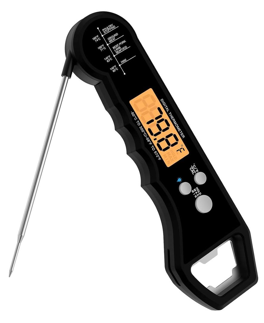 Meat Thermometer Waterproof Food Thermometer with Backlight and Calibration for Kitchen Outdoor Grilling and BBQ (Black)