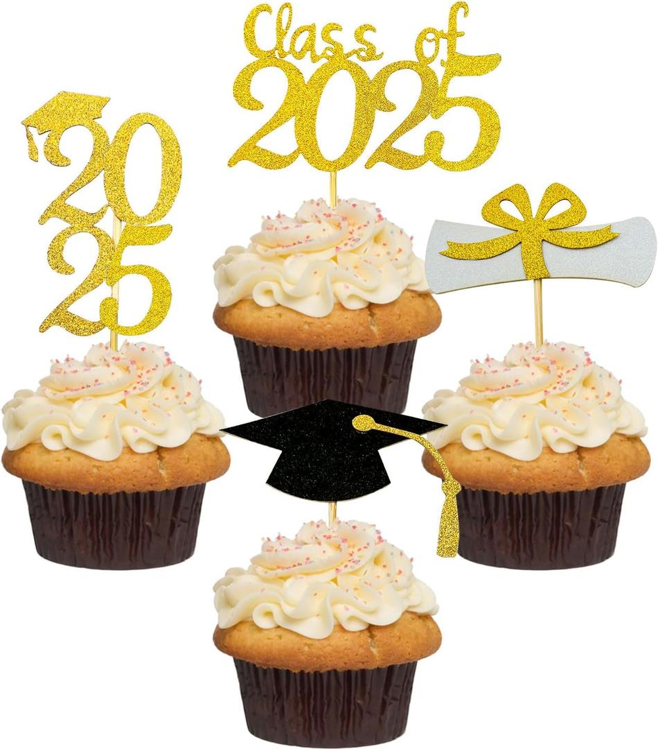 2025 Glittery Graduation Cupcake Toppers (48 Pieces) Gold and Black Class of 2025 Graduation Cap Diploma Cupcake Toppers for Graduation Party, 2025 Grad Congrats Graduation Dessert Decoration Picks