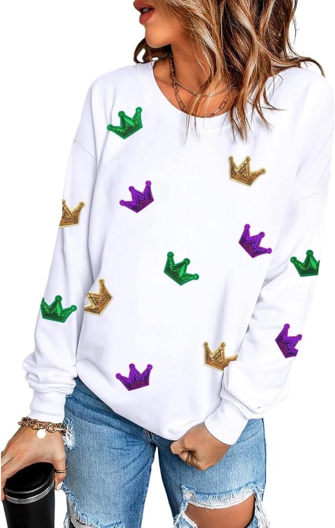 SELINK Womens Sequin Sweatshirt Oversized Crewneck Long Sleeve Casual Pullover Tops (Medium, Z1 White Crown)