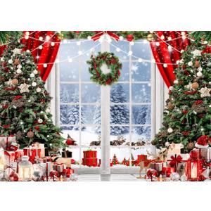 LYCGS 7X5ft Christmas Backdrop Winter Snow Scene Backdrop for Photography Christmas Window Background Xmas Tree & Party Decoration Banner X-171