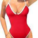 OQQ Women's One Piece Swimsuit Tummy Control V Neck Bathing Suits 2025 Trendy (Red), Small