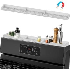 AWOKE Stove Top Shelf 30 Inch - Silicone Material Magnetic Shelf for The Stove - 3 Functional Partitions Kitchen Spice Rack Organizer - White (30" Standard Size)