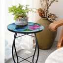 VCUTEKA Patio Side Table Outdoor Accent Table Small Mosaic Table Coffee Table End Table Porch Indoor Outdoor Round Glass Balcony Bistro Hummingbird Flowers 14 inches, Round, 14-inch Diameter, 21-inch Height
