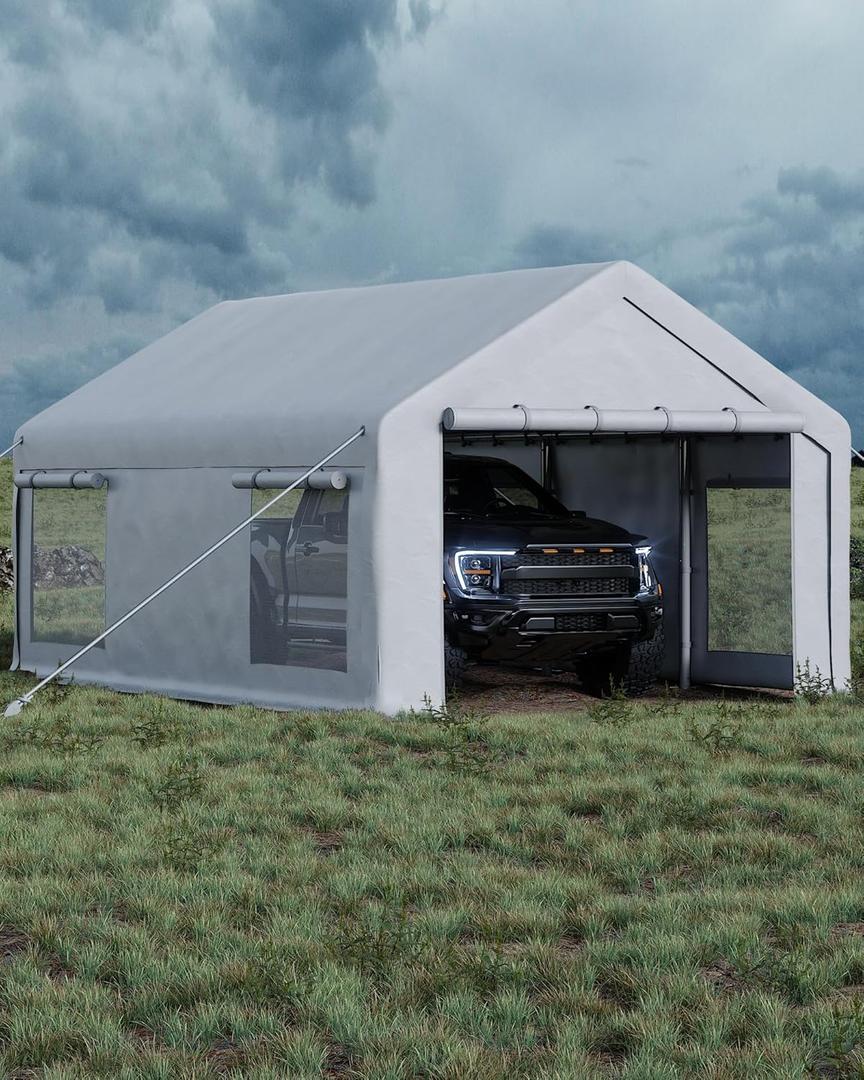 GarveeLife 13x20 ft Carport with 8 Sandbags, Car Port with 220 g PE Tarp, 2 Roll-Up Doors, and 4 Windows, for Full-Size Pickups, Bass Boats, Tractors, and SUVs, White