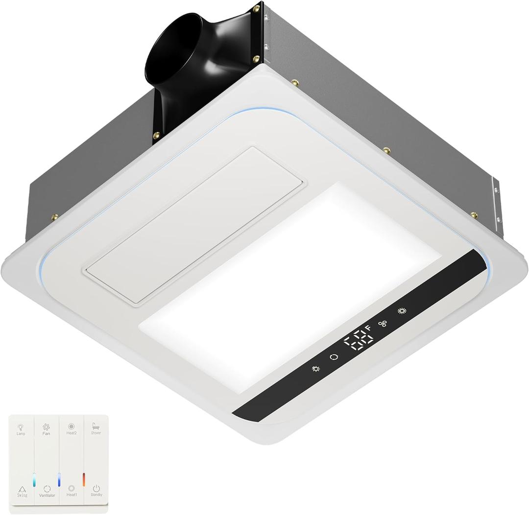 4-in-1 Bathroom Exhaust Fan with 1800W Heater, CCT LED Light & Remote Control, 150 CFM Quiet Ceiling Fan for Heating, Lighting, Ventilation & Blowing (White)