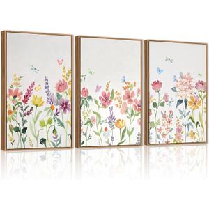CHDITB Colorful Floral Framed Wall Art, Watercolor Flowers Wall Decor, Butterfly Flower Pictures Minimalist Wildflower Painting, Modern Home Art Prints for Girls Bedroom Living Room Office 24"x36"x3