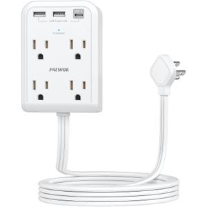 Flat Electrical Outlet Extender with USB C Ports, 4 Outlet 3 USB Wall Plug, 6 ft Thin Extension Cord, Flat Plug Power Strip Surge Protector for Home, Office. White