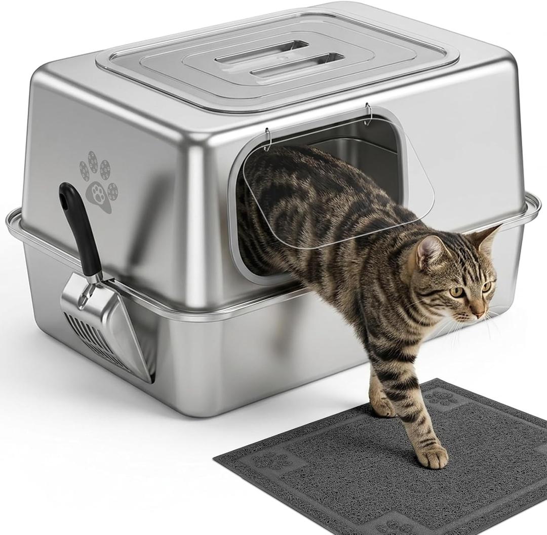 Ptlom Enclosed Stainless Steel Litter Box for Large Cats, Leak-Proof Metal Cat Toilet with Lid, Ventilated Top Opening Covered Cat Pan High Sided Walls, Scoop & Litter Mat, 20.8" x 13.0" x 13.1"