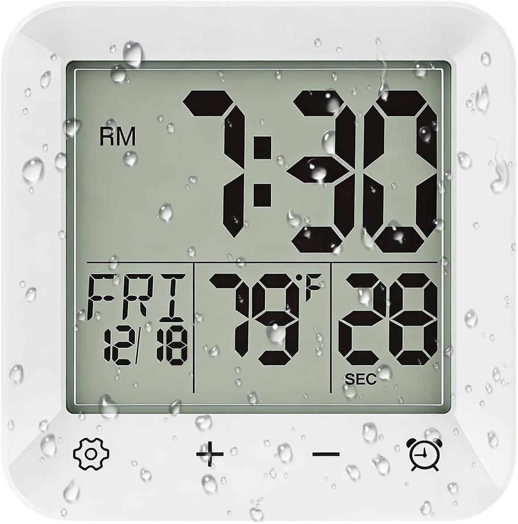 Bathroom Clock Waterproof Shower Timer, Digital Wall Clock with Countdown, Touch Screen, LCD Display, Temperature, Suction Cup/Hanging Hole/Stand, Spa Sauna, Kids and Adults I White