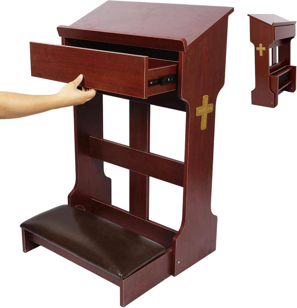 Wooden Prayer Kneeler with Foldable Padded Stool and Drawer for Praying Catholic