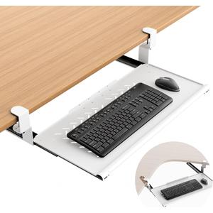 Keyboard Tray Under Desk - Full Metal Slide Out Holder, Rust-Resistant & Scratch-Proof, Double C-Clamps, 26x13" Tray for L Shape/Regular Desks, Standing/Sitting Workstation(White-A)