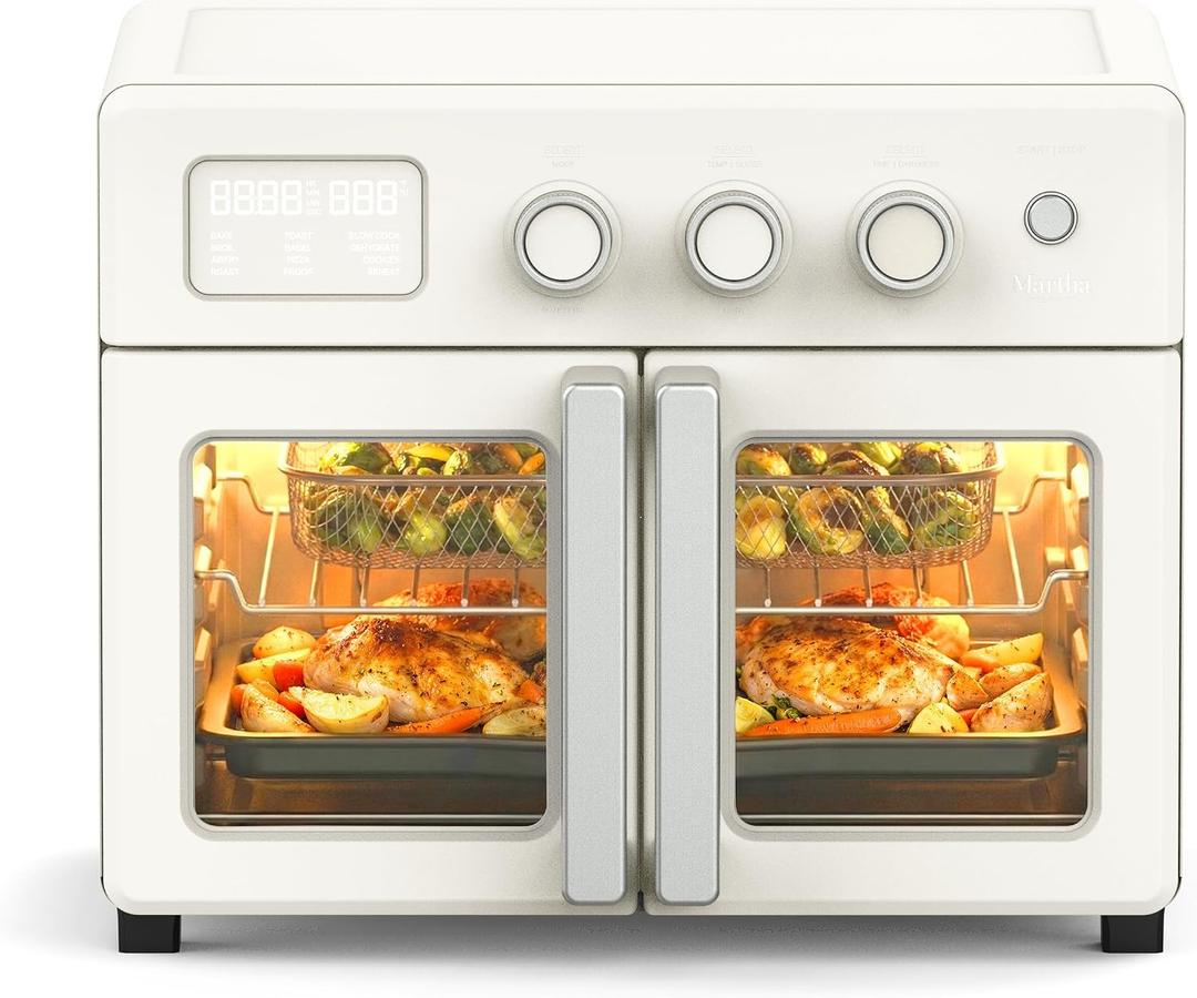 Martha Stewart French Door Air Fryer Toaster & Convection Oven 34QT, Linen
12-in-1 Countertop Oven, Bake, Broil, Roast, Fits 12” Pizza, Dehydrate,  Air Fry Basket, Oven Rack, Rotisserie, Cream White