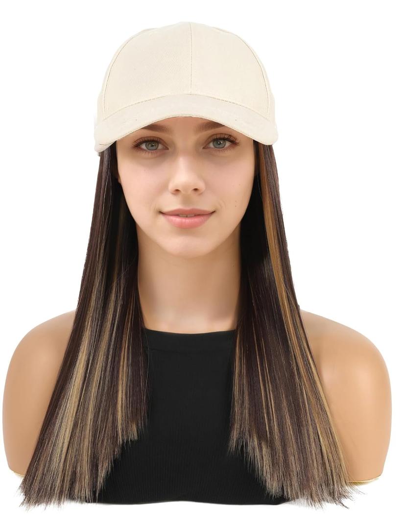 Ladies Baseball Cap Hairpiece Synthetic Hairs with Brim Hats Extension Baseball Caps for Ladies Girls (highlights)